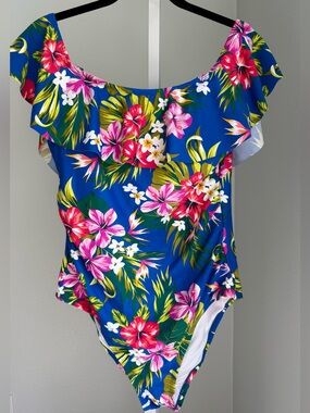 Kona Sol Women's One Piece Off The Shoulder Blue Tropical Swimsuit  - Size Large